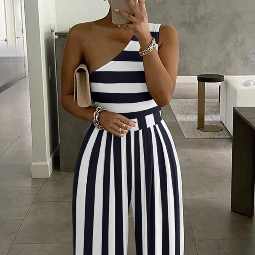 ™ |2022 Women Waist Tied Jumpsuit Stripes Print Single Shoulder Slash Neck Wide Leg Loose Jumpsuit Rompers Bodysuit боди женское